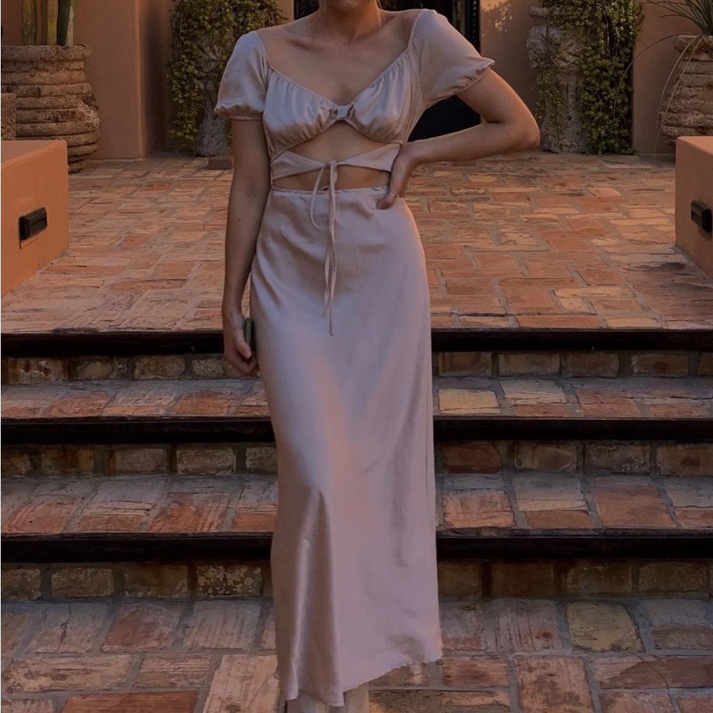 Shop Luna B champagne silk cutout midi dress